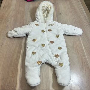 Juicy Couture Baby Snowsuit One Piece White Gold Sequin Hearts 3/6 Months
